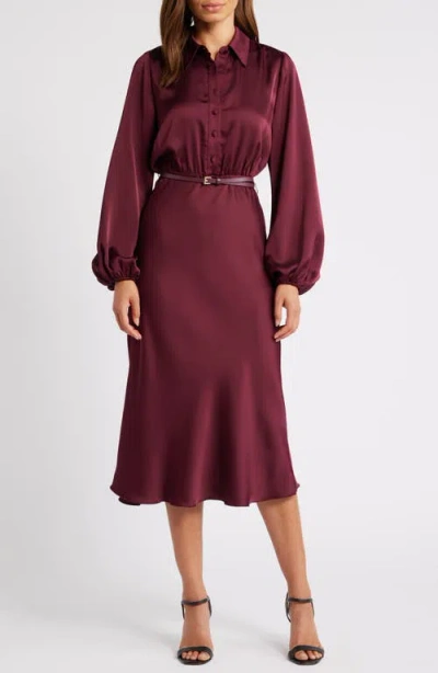 Sam Edelman Fluid Long Sleeve Satin Midi Shirtdress In Wine