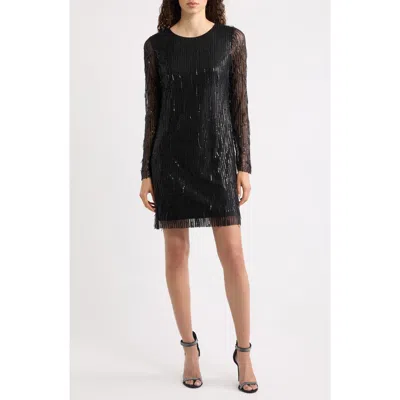 Sam Edelman Fringe Sequin Long Sleeve Dress In Black