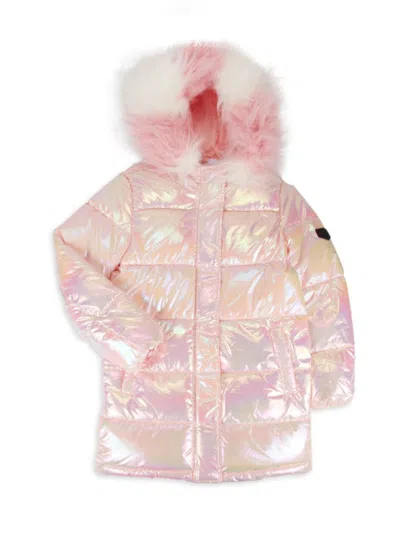 Sam Edelman Kids' Girl's Iridescent Quilted Faux Fur Hooded Puffer Jacket In Pink