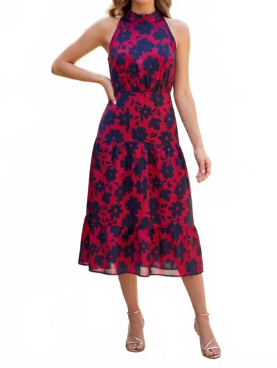 Sam Edelman Halter Neck Floral Midi Dress In Magenta Navy In Blue