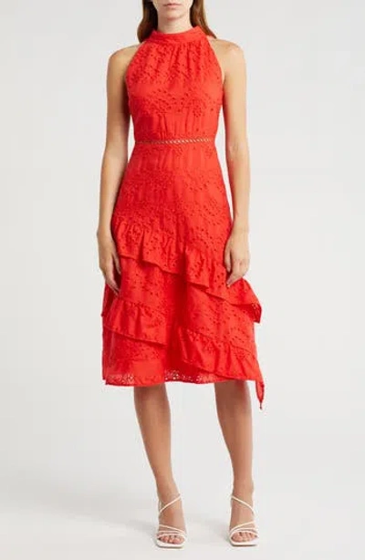 Sam Edelman High Neck Eyelet Midi Dress In Coral