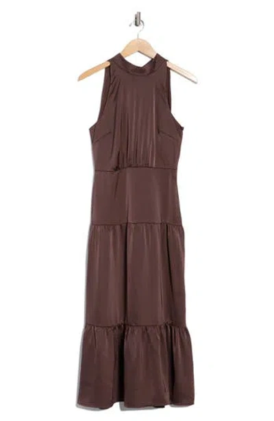 Sam Edelman High Neck Fluid Satin Midi Dress In Brown