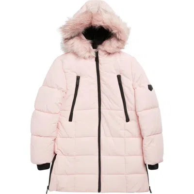 Sam Edelman Kids' Box Quilted Puffer Coat With Faux Fur Trim Hood In Pink