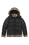 Sam Edelman Kids' Cheetah Fleece Trim Hooded Puffer Jacket In Black