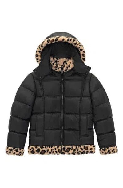 Sam Edelman Kids' Cheetah Fleece Trim Hooded Puffer Jacket In Black