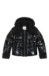 Sam Edelman Shimmer Cargo Pocket Faux Shearling Hooded Puffer Jacket In Black