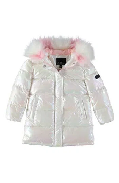 Sam Edelman Kids' Iridescent Faux Fur Hooded Puffer Jacket In White