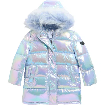 Sam Edelman Kids' Iridescent Stadium Coat With Faux Fur Trim In Blue