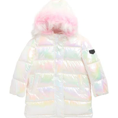 Sam Edelman Kids' Iridescent Stadium Coat With Faux Fur Trim In Pink
