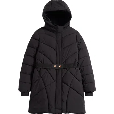 Sam Edelman Kids' Swirl Hooded Quilted Belted Stadium Puffer Jacket In Black