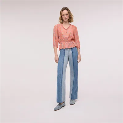 Sam Edelman Kit Pintuck Button Long Sleeve Top Terra Cotta Branch & Blossom In Pink