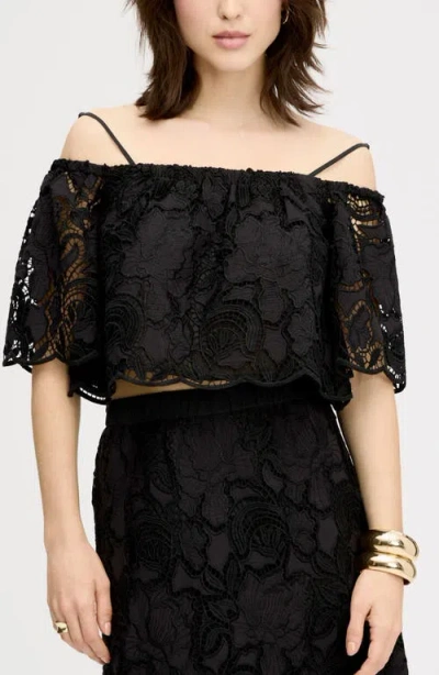 Sam Edelman Lace Ruffle Off The Shoulder Crop Top In Black