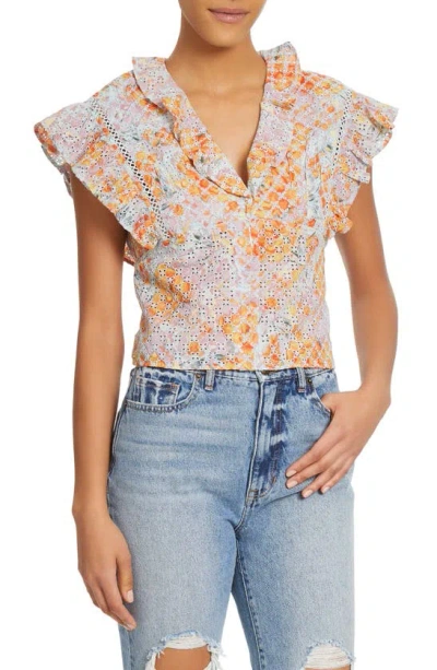 Sam Edelman Larissa Eyelet Ruffle Top In Pastel Blue-marble Rose