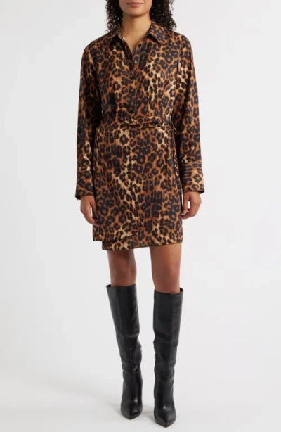 Sam Edelman Leopard Print Long Sleeve Shirtdress In Brown