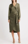 Sam Edelman Long Sleeve Faux Wrap Satin Dress In Green
