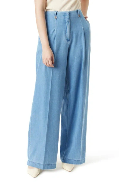 Sam Edelman Lorelai Pleated Wide Leg Cotton Denim Pants In Blue