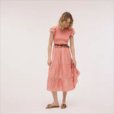 Sam Edelman Matilda Smocked Midi Dress Terra Cotta Branch & Blossom In Pink