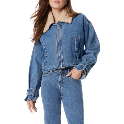 Sam Edelman Mesa High-pile Fleece Collar Zip-up Crop Denim Moto Jacket In Split