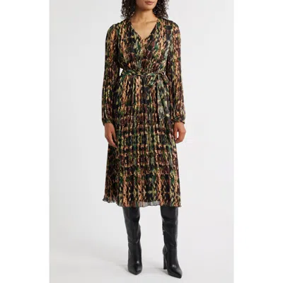Sam Edelman Metallic Plissé Long Sleeve Midi Dress In Multi