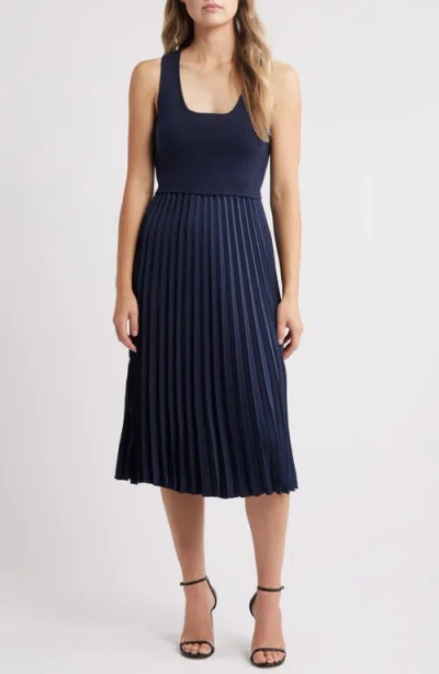 Sam Edelman Mixed Media Pleated Dress In Navy