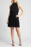 Sam Edelman Mock Neck Plissé Skirt Minidress In Black