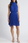 Sam Edelman Mock Neck Plissé Skirt Minidress In Cobalt