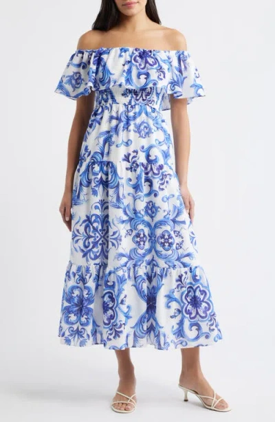 Sam Edelman Off The Shoulder Tiered Maxi Dress In Blue