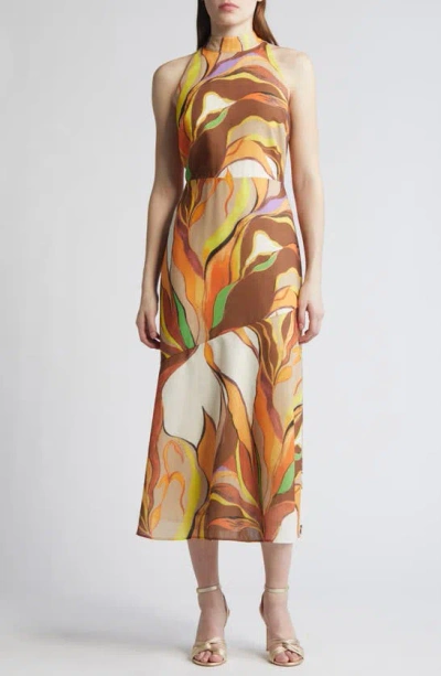 Sam Edelman Painted Palm Mock Neck Midi Dress In Natural Multi