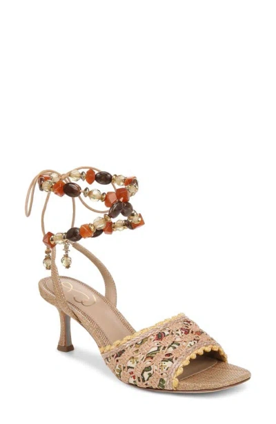 Sam Edelman Pamela Wrap Up Kitten Heel Dark Natural/buff Tan Raffia In Beige