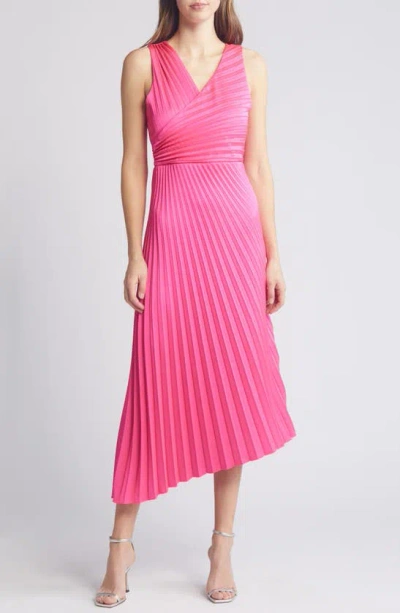 Sam Edelman Pleated Asymmetric Hem Satin Dress In Hot Pink
