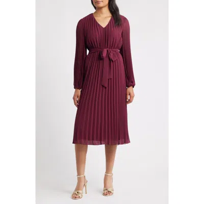 Sam Edelman Pleated Long Sleeve Chiffon Midi Dress In Burgundy