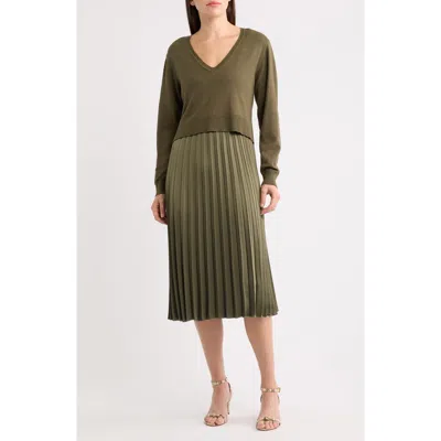 Sam Edelman Pleated Long Sleeve Midi Dress In Green