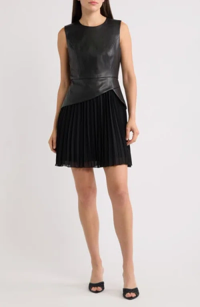 Sam Edelman Pleated Skirt Sleeveless Faux Leather Dress In Black