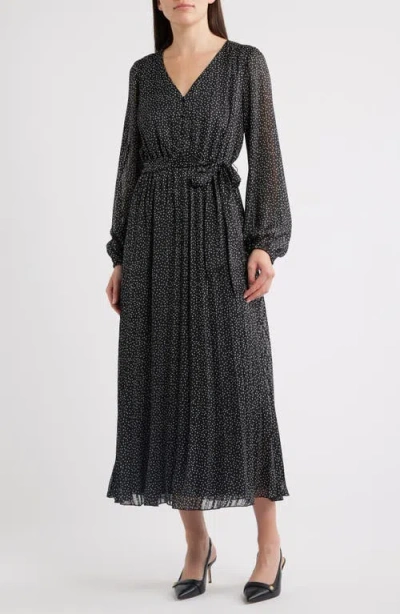 Sam Edelman Polka Dot Metallic Thread Long Sleeve Pleated Dress In Black