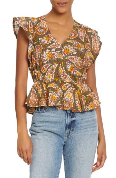 Sam Edelman Print Flutter Sleeve Peplum Top In Kalamata - Paisley Grove