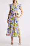 Sam Edelman Print Wrap Front Flutter Sleeve Midi Dress In Lavender Multi