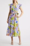 Sam Edelman Print Wrap Front Flutter Sleeve Midi Dress In Multi