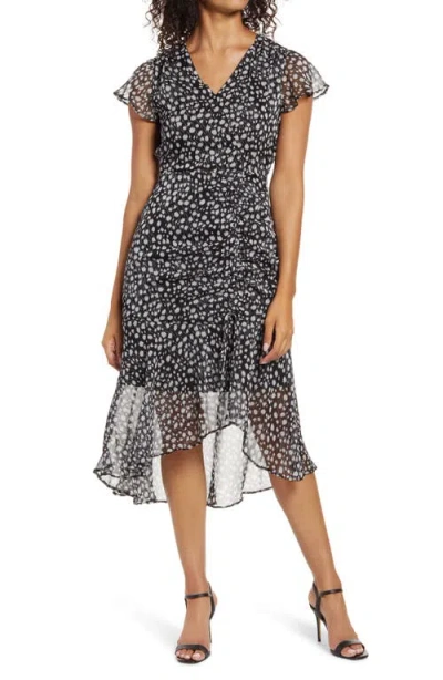 Sam Edelman Printed Ruched Midi Dress In Black/white