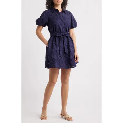 Sam Edelman Puff Sleeve Eyelet Shirtdress In Navy