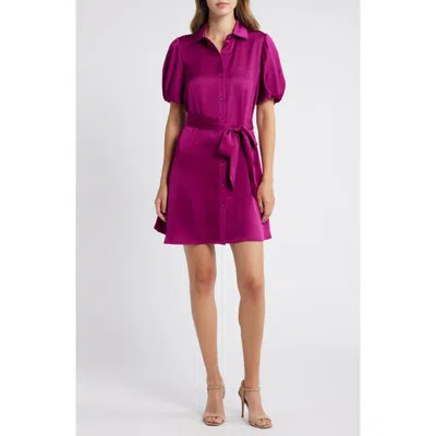 Sam Edelman Puff Sleeve Satin Mini Shirtdress In Berry