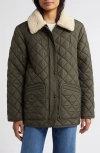 Sam Edelman Quilted Coat With Faux Shearling Collar In Loden