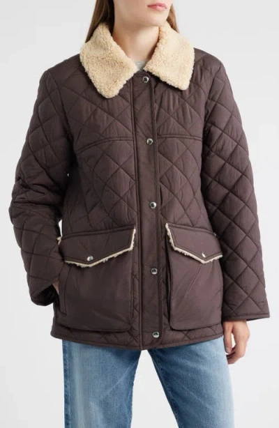 Sam Edelman Quilted Twill Jacket With Faux Shearling Collar In Brown