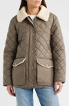 Sam Edelman Quilted Twill Jacket With Faux Shearling Collar In Brown