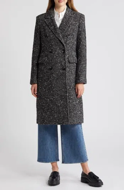 Sam Edelman Reefer Double Breasted Herringbone Tweed Coat In Black/ White Herringbone