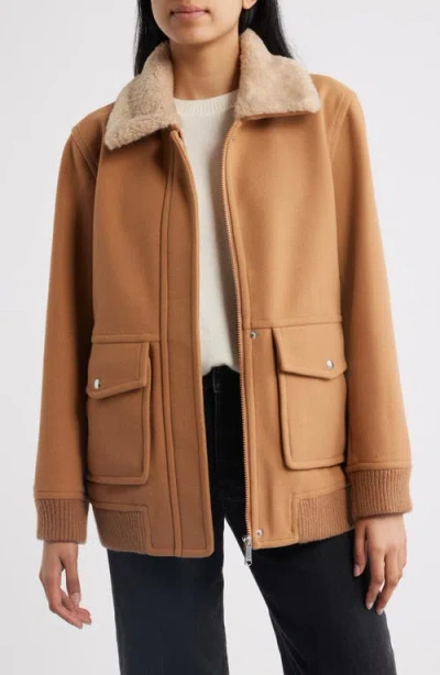 Sam Edelman Relaxed Bomber Jacket With Faux Shearling Collar In Brown