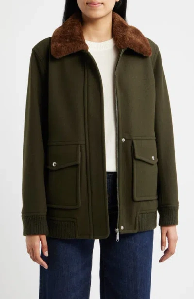 Sam Edelman Relaxed Bomber Jacket With Faux Shearling Collar In Green