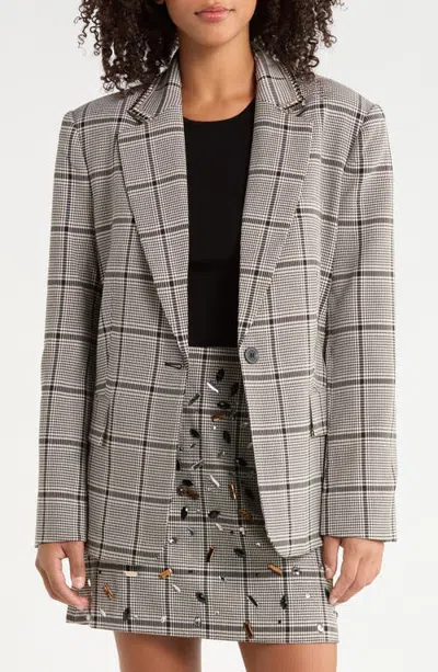 Sam Edelman Rhinestone Trim Oversized Plaid Blazer In Gray
