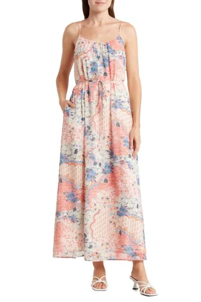 Sam Edelman Ruched Tie Waist Chiffon Maxi Dress In Pink Blue Paisley