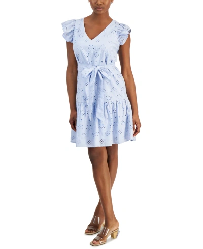 Sam Edelman Same Edelman Women's Eyelet Ruffled Belted Tiered Dress In Soft Blue