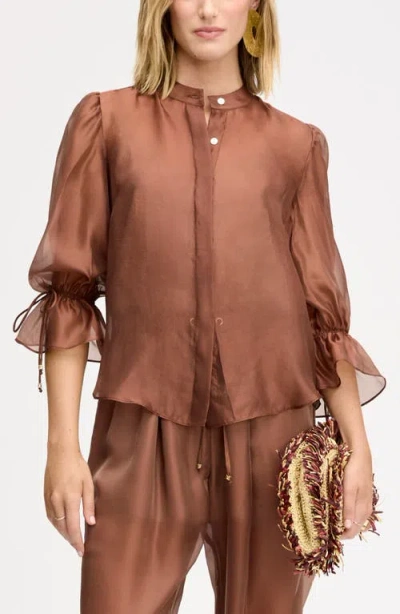 Sam Edelman Semi Sheer Button-up Tie Cuff Top In Brown
